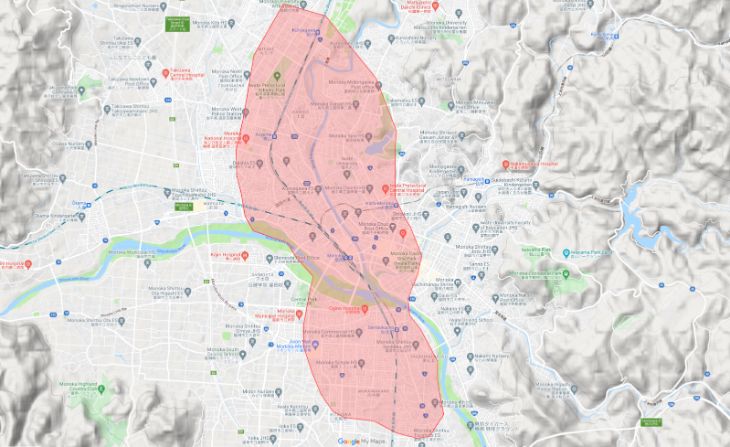 Uber Eats(ウーバーイーツ)岩手県盛岡市エリアの範囲の画像
