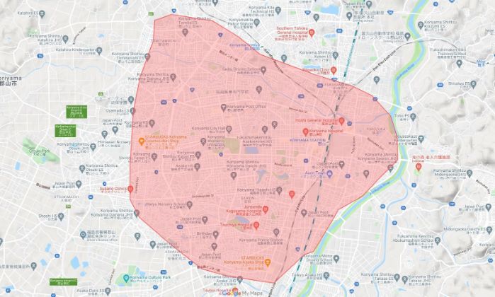 Uber Eats(ウーバーイーツ)郡山市エリアの範囲の画像