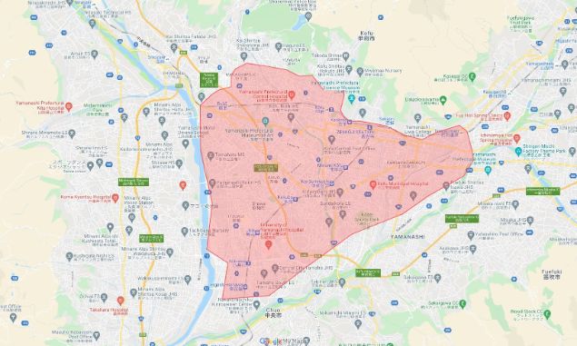 Uber Eats(ウーバーイーツ)甲府市エリアの範囲の画像