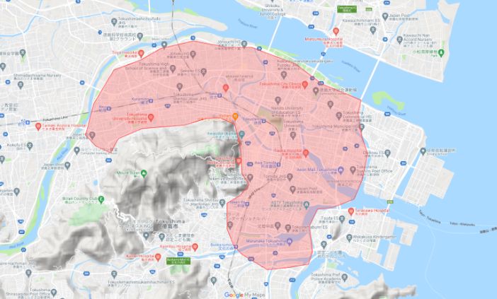 Uber Eats（ウーバーイーツ）徳島県徳島市エリアの範囲の画像