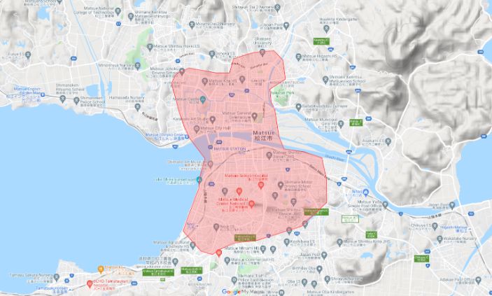 Uber Eats（ウーバーイーツ）島根県松江市エリアの範囲の画像